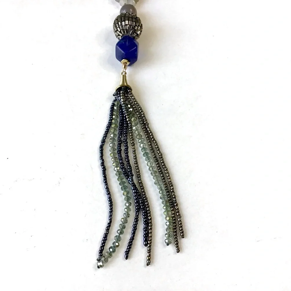Beaded Tassel Necklace Blue & Gray Mixed Beads Gold Tone Long 32” Chain W/Clasp